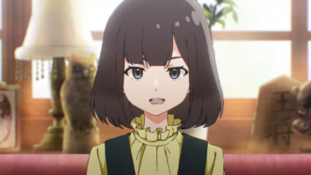 HD desktop wallpaper featuring an anime girl with short brown hair and a green blouse, sitting in an indoor setting.