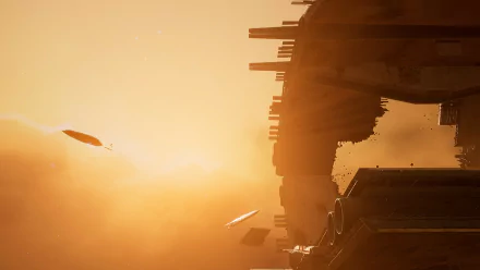 HD desktop wallpaper of Homeworld 3 featuring a majestic spaceship silhouette against a radiant sunset.