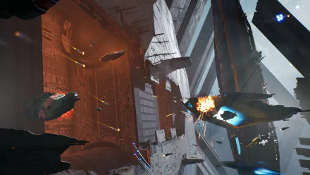 HD desktop wallpaper from Homeworld 3 featuring a dramatic space battle with exploding spacecraft and massive architectural structures.