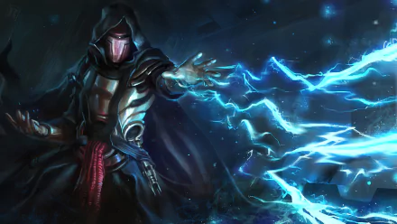 HD desktop wallpaper featuring Darth Revan from Star Wars: Knights of the Old Republic, wielding a lightsaber and channeling blue lightning in a dark, dramatic setting.