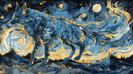 Artistic fantasy HD desktop wallpaper featuring a majestic wolf with flowing, intricate patterns amidst a surreal, starry night background.
