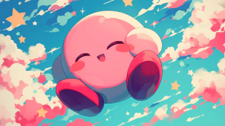 HD desktop wallpaper featuring a cheerful Kirby illustration amid a vibrant, dreamlike sky with stars and colorful clouds.