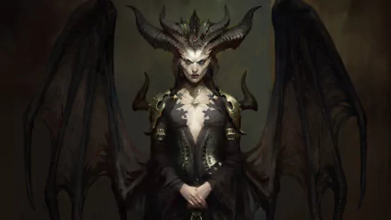 HD wallpaper featuring Lilith from Diablo IV, showcasing her striking appearance with horns and wings in a dark, atmospheric setting. A captivating background for fans of the game.