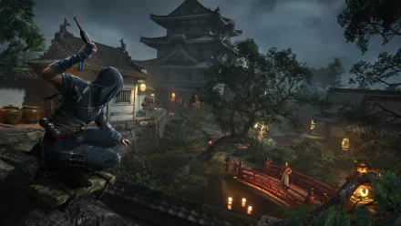 HD desktop wallpaper of the video game Assassin's Creed Shadows featuring a hooded character with a throwing weapon, set in a detailed, moody Japanese-inspired village scene.