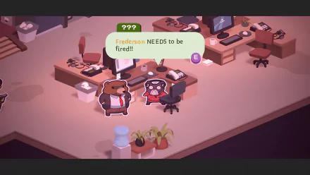 HD desktop wallpaper of the video game Duck Detective: The Secret Salami depicts animated characters discussing firing Frederson in an office setting.