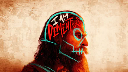 HD desktop wallpaper featuring a profile of Chris Hemsworth in 'Furiosa: A Mad Max Saga,' with colorful graffiti that reads I AM DEMENTED across his face.