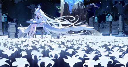 HD desktop wallpaper featuring Hatsune Miku and Yuki Miku with flowing white hair, surrounded by glowing white flowers in a mystical nighttime setting.