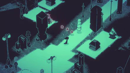 HD desktop wallpaper featuring a scene from the video game Hauntii, showcasing a stylized, glowing, cemetery-like environment with towering monuments and a lone character walking among gravestones.