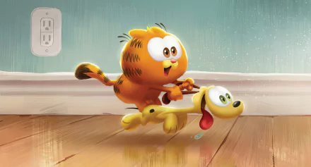 HD desktop wallpaper featuring Garfield riding Odie in a playful scene from The Garfield Movie.