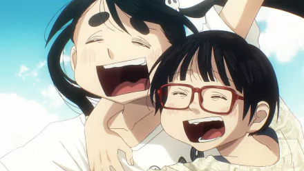 Anime characters from Dead Dead Demon's Dededede Destruction share a joyful moment, smiling against a bright blue sky. This HD desktop wallpaper captures a heartwarming, carefree scene from the series.