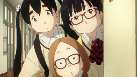 HD wallpaper of anime Dead Dead Demon's Dededede Destruction featuring three girls with glasses looking curiously from behind a door.