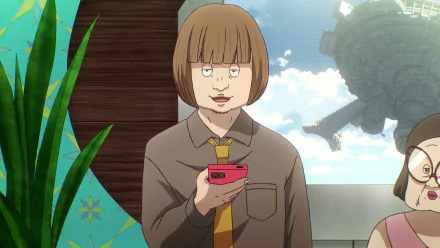 A character from the anime Dead Dead Demon’s Dededede Destruction holding a phone with a futuristic background. HD desktop wallpaper and background image.