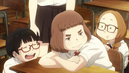 HD desktop wallpaper featuring characters from the anime Dead Dead Demon’s Dededede Destruction, showing three school children in a classroom, two laughing and one looking thoughtful.