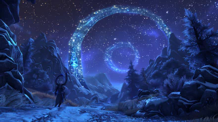 HD desktop wallpaper featuring a Draenei character from World of Warcraft standing under a starry night sky with glowing arches in the background.