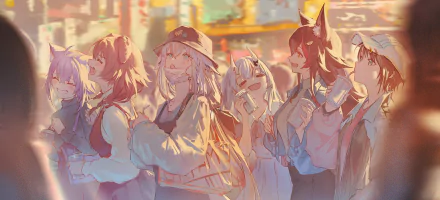 4K Ultra HD desktop wallpaper featuring anime-style characters Nekomata Okayu, Inugami Korone, Shirakami Fubuki, Nakiri Ayame, and Ookami Mio in a warm, cityscape setting.
