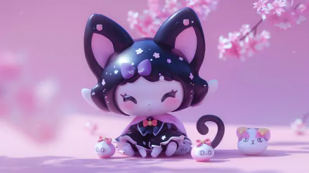 HD anime desktop wallpaper featuring Kuromi from Onegai My Melody. Kuromi is sitting with small adorable characters against a pastel pink background with cherry blossoms.