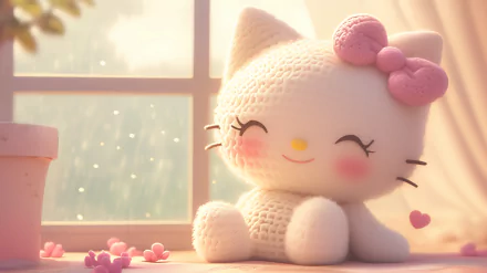 HD desktop wallpaper featuring an adorable anime-style Hello Kitty, smiling by a window with falling leaves outside.
