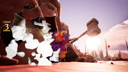 HD desktop wallpaper featuring a dynamic scene from the video game Astor: Blade of the Monolith, showcasing characters in combat with a dramatic, sunlit landscape in the background.