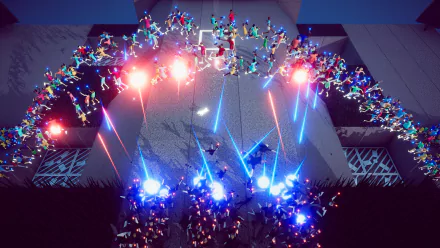 HD desktop wallpaper and background featuring a dynamic scene from the 2024 video game Humanity, showcasing a futuristic battle with vibrant lights and numerous characters in action.