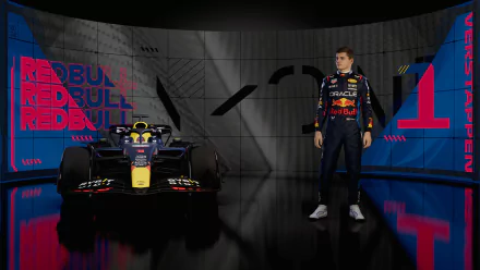 HD desktop wallpaper of F1 24 video game, featuring a race car and a driver in Red Bull Racing attire, set against a backdrop with vivid graphics and the game's title.