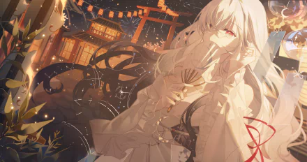 4K Ultra HD PC desktop wallpaper: pale-haired anime girl in flowing robes before a lantern-lit shrine, warm golden glow with ribbons and detailed nightscape.