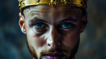 HD desktop wallpaper featuring Stephen Curry wearing a golden crown, with intense eyes, capturing his regal and commanding presence in the context of the NBA.