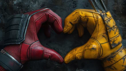 HD desktop wallpaper featuring Deadpool and Wolverine forming a heart shape with their gloved hands against a dark background.