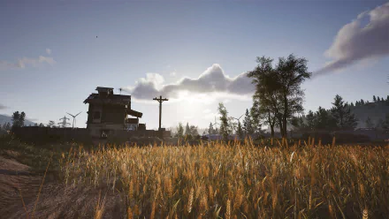 HD desktop wallpaper and background image from the video game Arena Breakout: Infinite showcasing a scenic rural landscape with a house, power lines, tall grass, and trees under a cloudy sky.