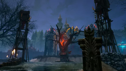 HD desktop wallpaper of the video game Rise Online, featuring a dark, eerie landscape with a glowing tree at the center, surrounded by foreboding structures and an ominous sky.