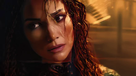HD wallpaper featuring Jennifer Lopez from the 2024 movie Atlas, displaying an intense expression with softly lit background tones.