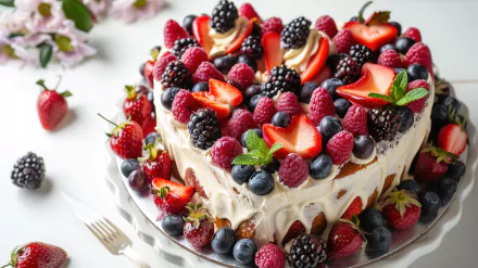 A gourmet heart-shaped dessert cake topped with fresh strawberries, blackberries, raspberries, blueberries, and mint leaves, displayed as a vibrant 4K Ultra HD desktop wallpaper.