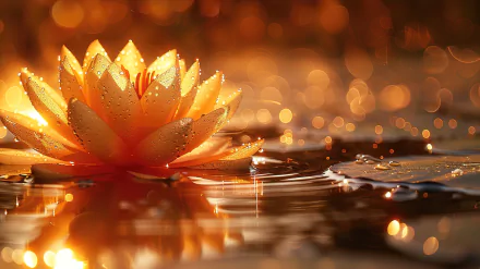 Aesthetic 4K Ultra HD wallpaper showcasing a glowing gold water lily flower with delicate droplets on its petals, resting on calm reflective water.