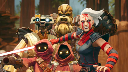 HD desktop wallpaper of characters from the video game Star Wars: Hunters, featuring a diverse group including a Wookiee, two Jawas, a droid, and a woman with white hair and red face markings.