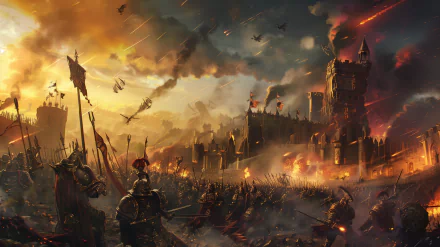 HD desktop wallpaper of a Warhammer-inspired video game scene depicting an intense battle outside a burning castle, with soldiers clashing and fiery explosions illuminating the darkening sky.