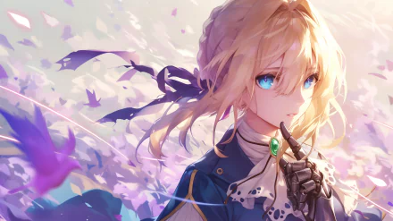 HD desktop wallpaper featuring Violet Evergarden, the titular character from the anime Violet Evergarden. Violet stands with a serene expression, surrounded by a beautiful, dreamy backdrop of floating petals.