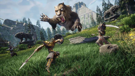 HD desktop wallpaper and background from the video game Soulmask featuring an intense battle scene with warriors and a giant lion-like creature in a lush, mountainous landscape.