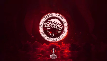 Olympiacos F.C. emblem glowing against a dark red smoky background, featured as a 4K Ultra HD PC desktop wallpaper with the UEFA Europa League logo below.