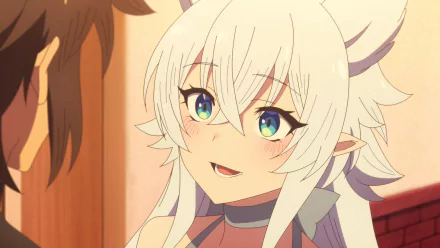 Anime scene from Chillin' in Another World with Level 2 Super Cheat Powers, featuring a character with white hair and blue eyes, in a conversation. HD desktop wallpaper and background.