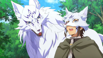 HD anime wallpaper from Chillin' in Another World with Level 2 Super Cheat Powers featuring a character with a wolf mask and a large white wolf in a lush green forest background.