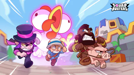 HD desktop wallpaper featuring characters from the video game Squad Busters, with vibrant and dynamic visuals showcasing characters running against a colorful background.