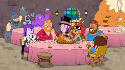 Colorful cartoon characters from Squad Busters gather around a feast in a medieval-style hall. HD desktop wallpaper showing a mix of villains, heroes, and quirky personalities enjoying a meal together.