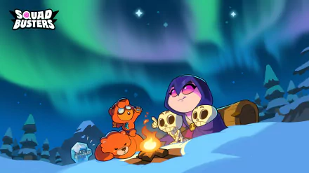 HD desktop wallpaper of Squad Busters, featuring cartoon characters clustered around a campfire under a vibrant aurora night sky, set in a snowy landscape.