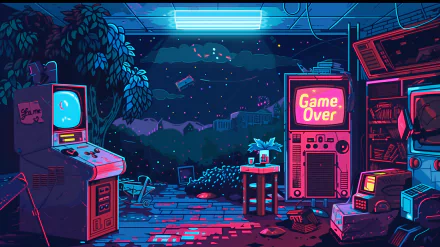 HD desktop wallpaper featuring a retro arcade room with a glowing Game Over screen, set against a starry night sky.