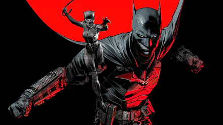 Batman and Catwoman leap before a blood-red moon in a cinematic Dan Mora illustration — movie-style HD PC desktop wallpaper/background.