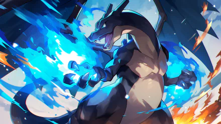 HD desktop wallpaper featuring Mega Charizard X from Pokémon. The character is depicted in an action pose with vivid blue flames, showcasing its Mega Evolution form.