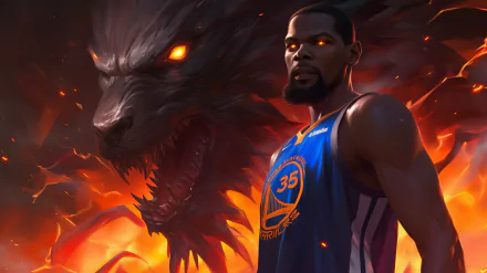 NBA's Kevin Durant in a Golden State Warriors jersey stands powerfully in front of a fiery, menacing creature. This HD wallpaper captures the intensity and prowess of the star player.