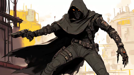 HD desktop wallpaper of a hooded cartoon assassin in futuristic gear, holding a pistol and a knife, with an industrial cityscape in the background.