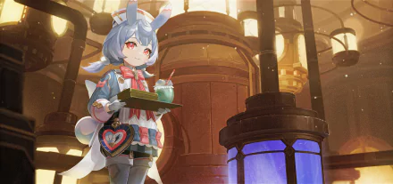 4K Ultra HD Genshin Impact wallpaper featuring Sigewinne, a girl character holding a tray with a drink in a warmly lit, industrial-style interior.