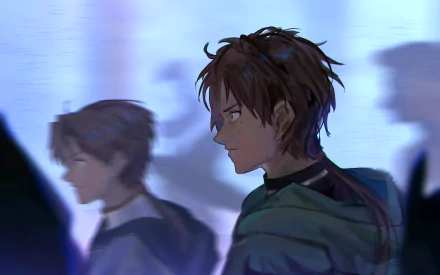 4K Ultra HD PC desktop wallpaper from Mushoku Tensei showing Rudeus Greyrat foreground and Paul Greyrat behind him, walking through a blurred blue-lit cityscape.