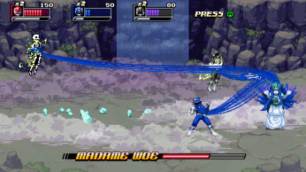HD desktop wallpaper featuring the video game Mighty Morphin Power Rangers: Rita’s Rewind, showcasing an action scene with characters engaging in combat, with character health bars displayed at the top.